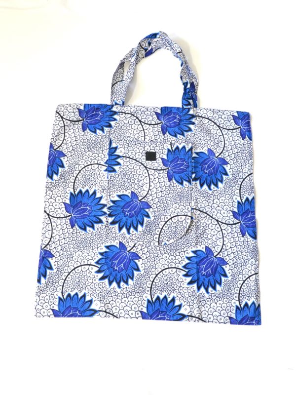 Tote bag en tissu wax bleu et gris